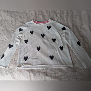 Lisa Todd Cream Crewneck Sweater with Black Heart Motifs and Pink Trim M